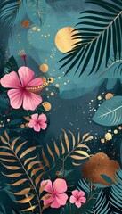 Gold and teal tones with pink flowers, palm leaves, sun on a dark blue background