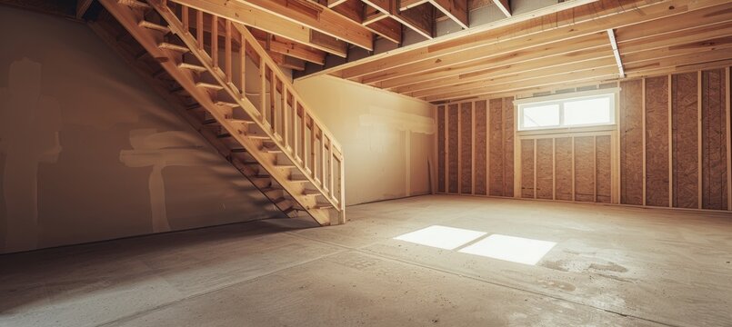 Capturing the unrefined elegance of an unfinished basement with wooden frames and crucial insulation