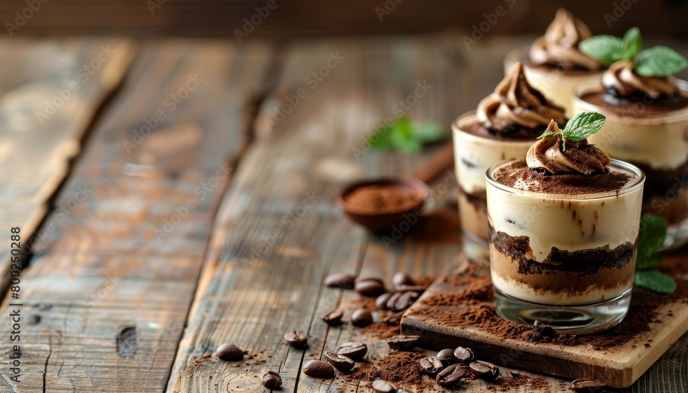 Poster Italian tiramisu served on wooden background with selective focus