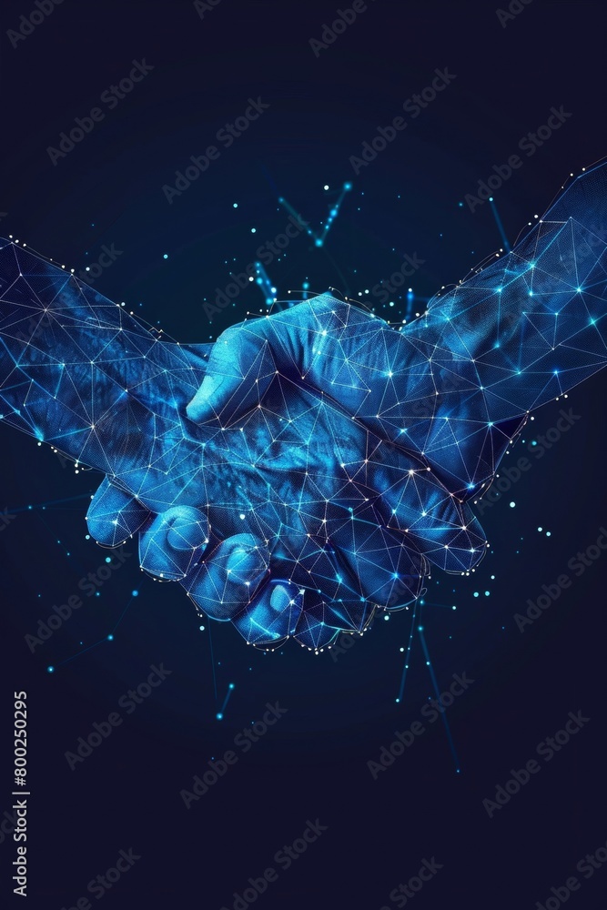 Poster futuristic partner handshake design with polygonal abstraction on a dark blue backdrop. ideal for bu