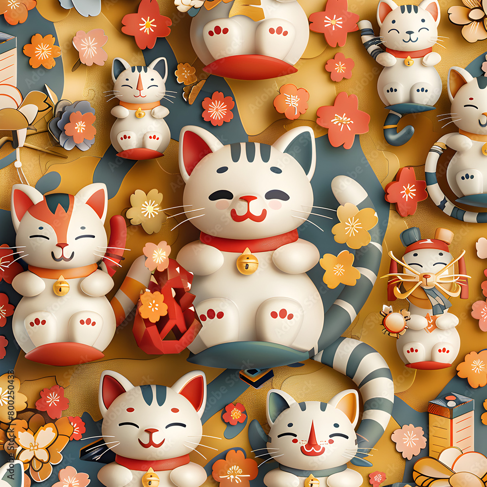Poster a colorful collection of cats with one of them wearing a bell around its neck. the cats are all smil