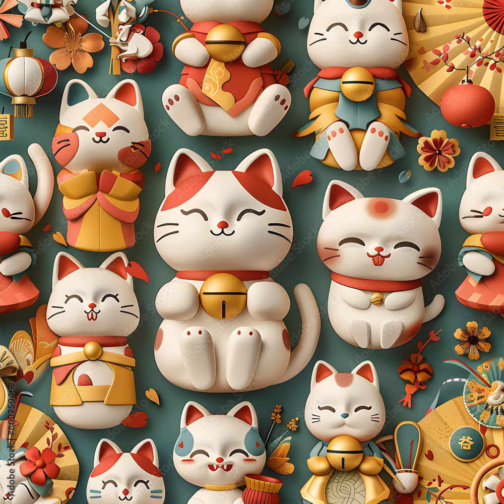 Poster a colorful collection of cats with one of them wearing a bell around its neck. the cats are all smil