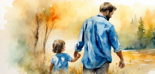 Portrait of a happy father and son having fun in the park watercolor style.