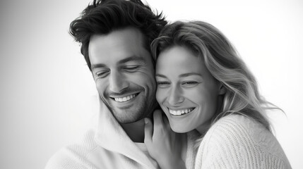 Happy couple in a medium shot cuddling against a stark white background