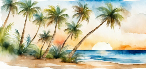 Holiday summer travel vacation illustration - Watercolor painting of palms, palm tree on the beach