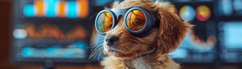 A dog wearing sunglasses against a backdrop of stock market graphs