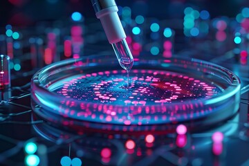 A dropper pipetting a solution into a culture dish surrounded by strands of nucleic acids reflects the complexity of genetic research. AI generated.