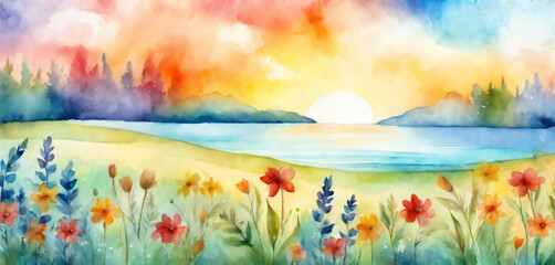 Serene Watercolor Sunrise over Flower Meadow