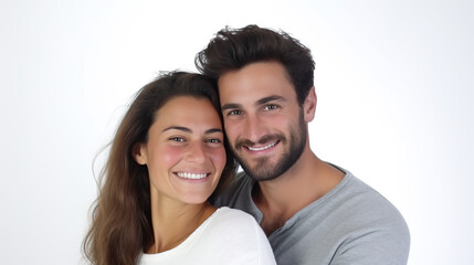 Fototapeta premium Happy couple in a medium shot cuddling against a stark white background