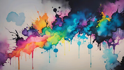 Fototapeta premium Watercolor paint splash, blotch background with bleed wash and bloom. Blobs of paint, nostalgic watercolor paper texture. Beautiful trendy impressionist background.