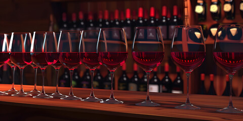 glass of wine, glass of wine in a bar, Glass of wine on bar in pub stock - obrazy, fototapety, plakaty