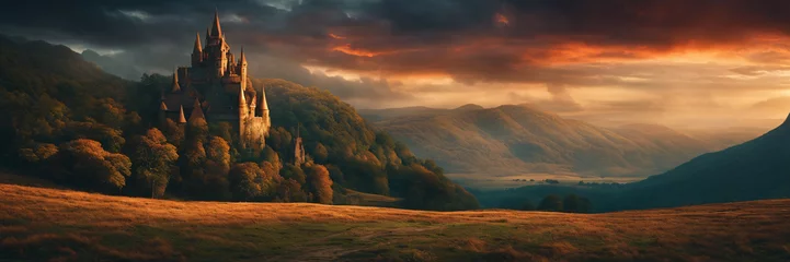 Fantasy landscape painting, castle and village, imaginary world