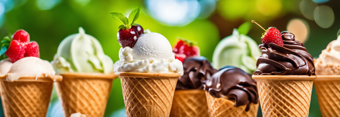 Various of ice cream flavor in cones. wide banner. copy space for text. 