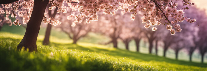 View from below of a blossoming Japanese cherry tree in a grassy meadow by a sunny spring afternoon