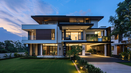 Modern house with white walls and dark brown accents, sleek design, large windows, greenery around, illuminated by warm lights at night, front view.