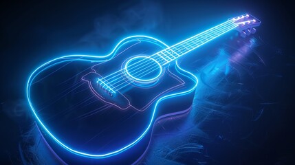 Acoustic guitar outlined with blue neon, 3D rendering, gentle angle, soft background
