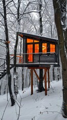 small cozy luxury treehouse made from gray wood and orange glass, in snowy forest