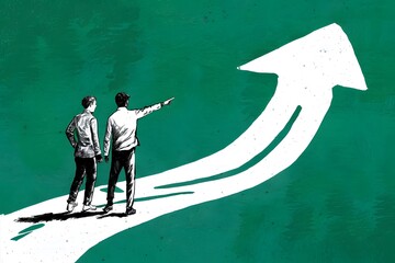 Two hikers navigate path together, one offers direction with large arrow, signifying shared journey progress