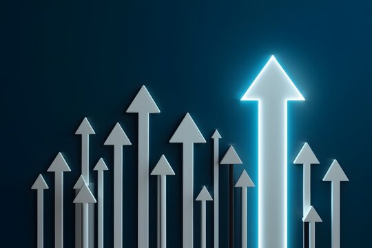 Upward arrows on dark blue background, one glowing prominently in bright blue