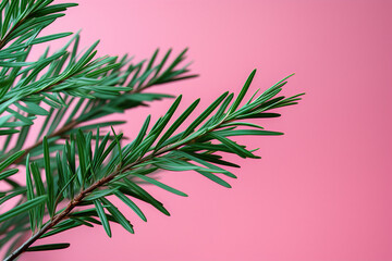 Pine tree branch on pink background