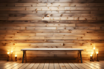 In room empty with wooden table top light brown, white with wall wood background. realistic wooden table. Element for your design, advertising. Realistic clipart template pattern.