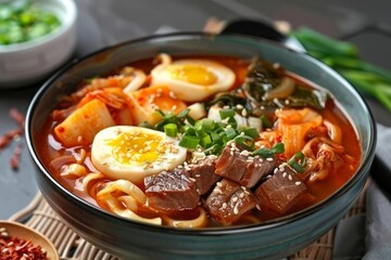 Korean pork udon noodles in spicy kimchi broth Asian cuisine