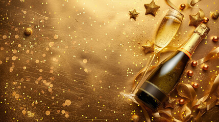 Champagne bottle with confetti stars, holiday decoration and party streamers on gold festive background. Christmas, birthday or wedding concept. Flat lay.