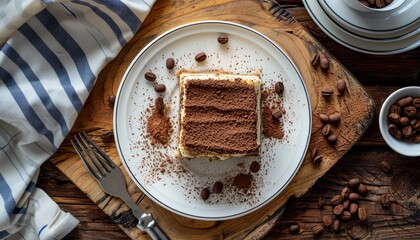 Landscape format picture of homemade tiramisu on white plate with blue kitchen cloth on a wooden board