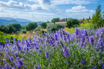 Landscape with purple rosemary flowers used in culinary gastronomy