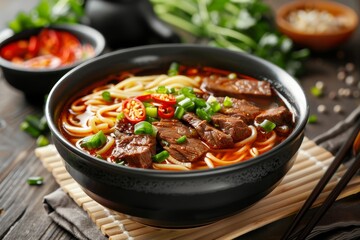 Lanzhou beef noodle soup with sliced beef served in a bowl on table