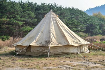 Large metal pole supports center of big tent
