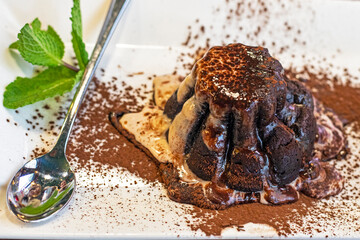 chocolate fondant with ice cream top view. delicious desserts