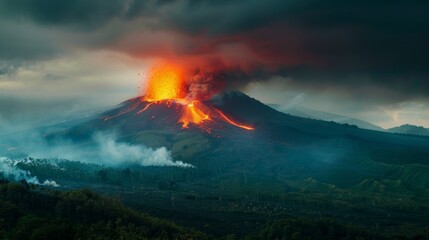 A powerful image of a volcanic eruption captured from a safe distance, showcasing the raw power of nature.