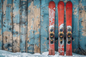 Red skis stick out in the snow near the fence