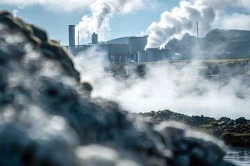 Geothermal energy plant with smokestacks producing water vapor for power generation. Concept Energy Production, Geothermal Power, Renewable Technology, Water Vapor Emissions, Sustainability
