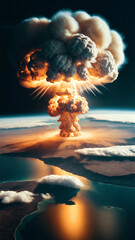 Nuclear explosion with smoke and clouds against the background of the planet, view from space