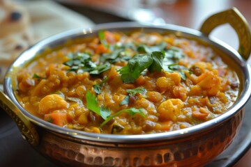Lentil dhal with cauliflower carrots and brown lentils in spicy curry sauce