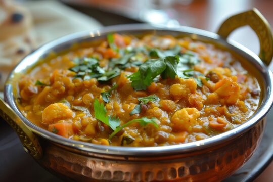 Lentil dhal with cauliflower carrots and brown lentils in spicy curry sauce