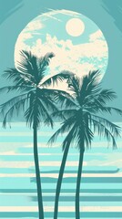 Fototapeta na wymiar Palm trees, sea, and the sky in a turquoise hue with stripes