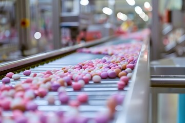 Fototapeta premium Automation in Candy Factory: Conveyor Belt Streamlines Production and Packaging of Pastel Sweets. Concept Candy Production, Automation Technology, Conveyor Belt System, Packaging Efficiency