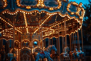 lit up old fashioned carousel after dark