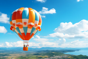 Colorful hot air balloons flying over mountain on sky pale yellow evening sunlight with cloud, lake or sea in background. Tourist season that people want to travel. Realistic clipart template pattern.