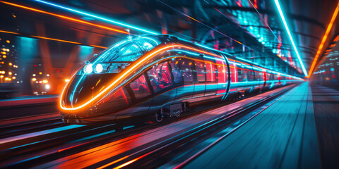 Fototapeta premium Futuristic high-speed train. Modern engineering and design. Sleek and aerodynamic, as it speeds along its elevated tracks. Design concept.