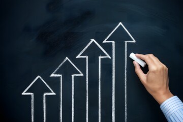 Symbolic white arrows on chalkboard with hand holding chalk representing progress and growth