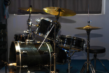 Close-up of a drum kit in a music studio