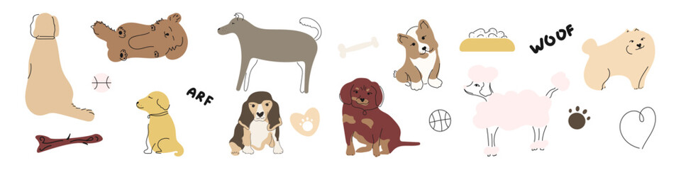Cute dogs. Cartoon puppy characters. Doodle vector set.
