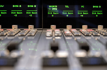 Close-up of a Professional Audio Mixing Console with Detailed Focus on Control Knobs and Digital...