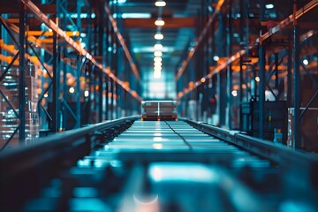 Innovative technology streamlines factory logistics boosting efficiency and productivity. Concept Factory Logistics, Technology Innovation, Efficiency Boost, Productivity, Streamlined Processes