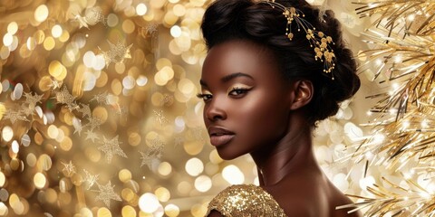 Glamorous African Woman with Gold Accents and Bokeh Lights