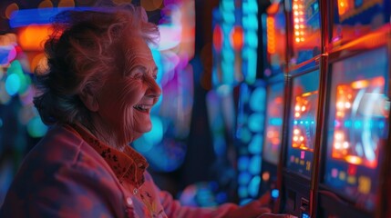 Elderly woman smiling while playing slot machines in colorful neonlit room